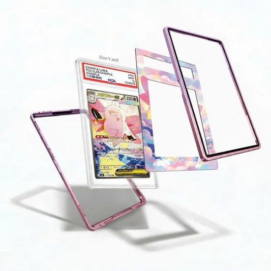 Card with a pink character in a colorful frame on a white background