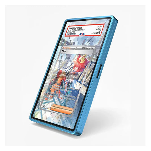 A blue protective phone case with a black bezel, shown at an angle on a light gray background. The screen displays a colorful card game mockup.