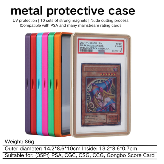 Metal protective case for trading cards with a card inside, showing UV protection and magnet features.