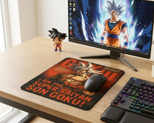 Minimal wooden desk gaming setup featuring Ultra Instinct Son Goku anime mouse pad, RGB mechanical keyboard, gaming mouse, widescreen monitor, and Dragon Ball character figure
