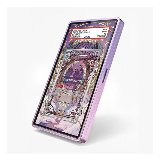 A lavender purple slim card case shown standing upright at an angle on a light gray background. The case has a clear back panel displaying a colorful illustrated card design, with a red and white sample label at the top.