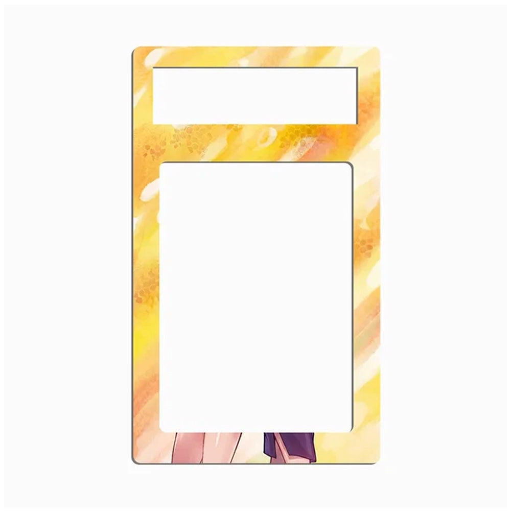 A rectangular acrylic or plastic frame insert with a yellow and orange watercolor pattern, featuring a top label slot and a large central cutout, shown on a plain white background.
