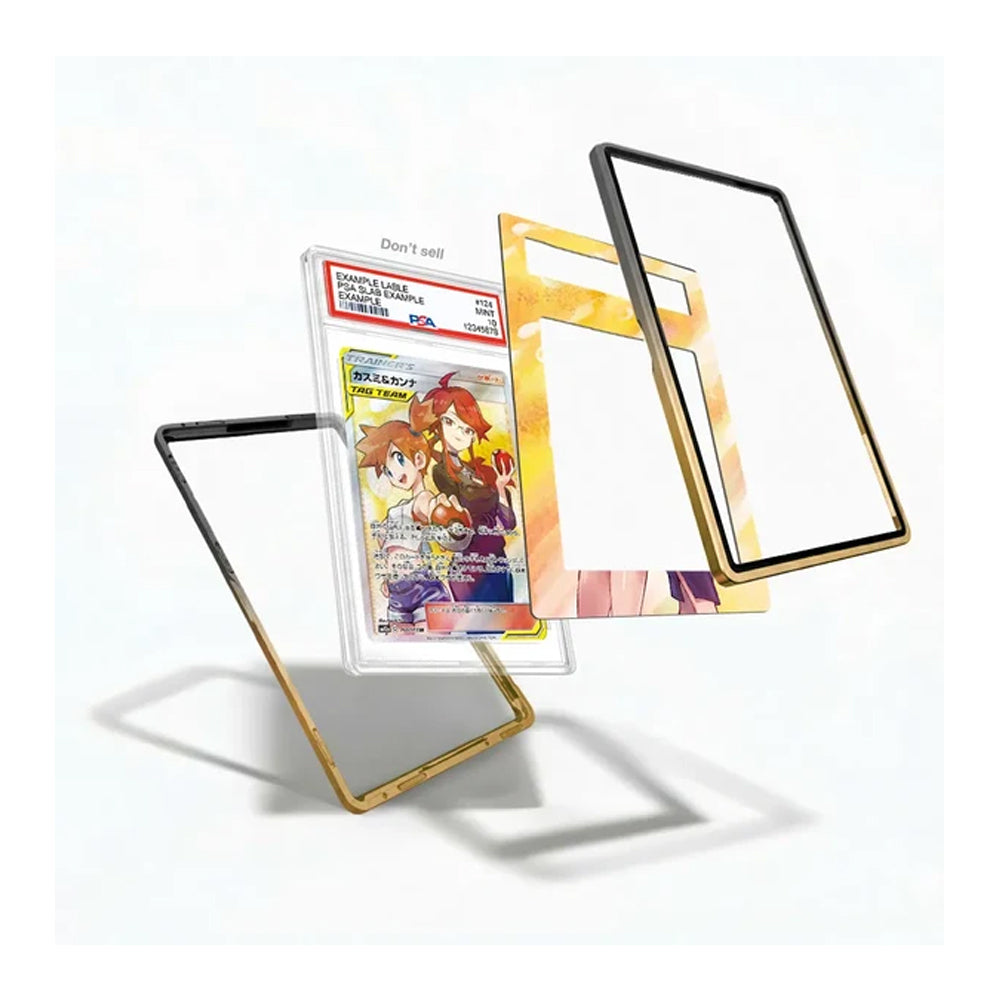 Three clear acrylic card protectors with black and gold borders are displayed floating around a graded Pokémon TCG card on a white background.