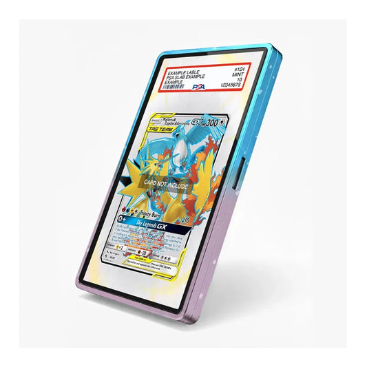 A vertical smartphone case shown at an angle on a light gray background. The case has a translucent blue-to-purple gradient design and is fitted on a phone displaying a Pokémon card game screen.