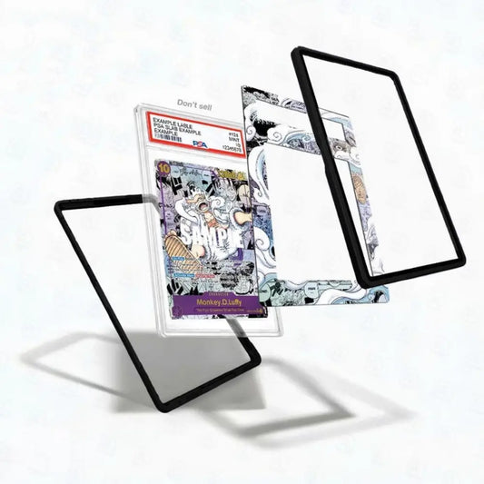 Card with character design and protective card holder on a white background