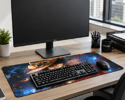 A large desk mat with a fiery cartoon character design is shown on a wooden desk, styled with a black keyboard, mouse, and a Dell monitor in a modern office setting.