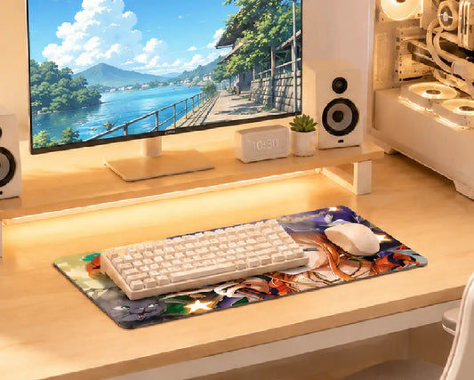 A large desk mat with a colorful anime-style print is placed on a light wood desk, supporting a white keyboard and white mouse. A computer monitor, speakers, and desk accessories are visible in the background.