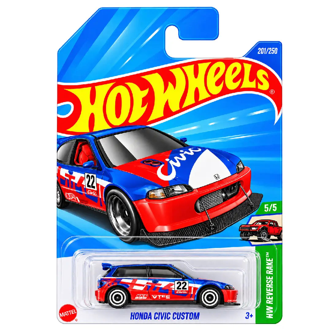 Hot Wheels Honda Civic Custom Blue Red HW Reverse Rake 201/250 1:64