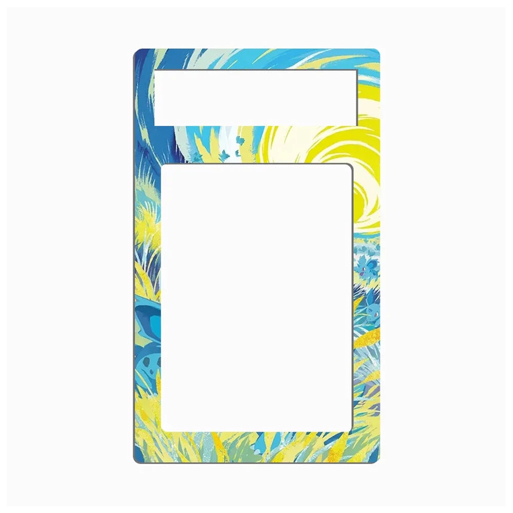 A rectangular picture frame with a colorful abstract tropical leaf pattern in blue, yellow, and green, shown on a plain white background.