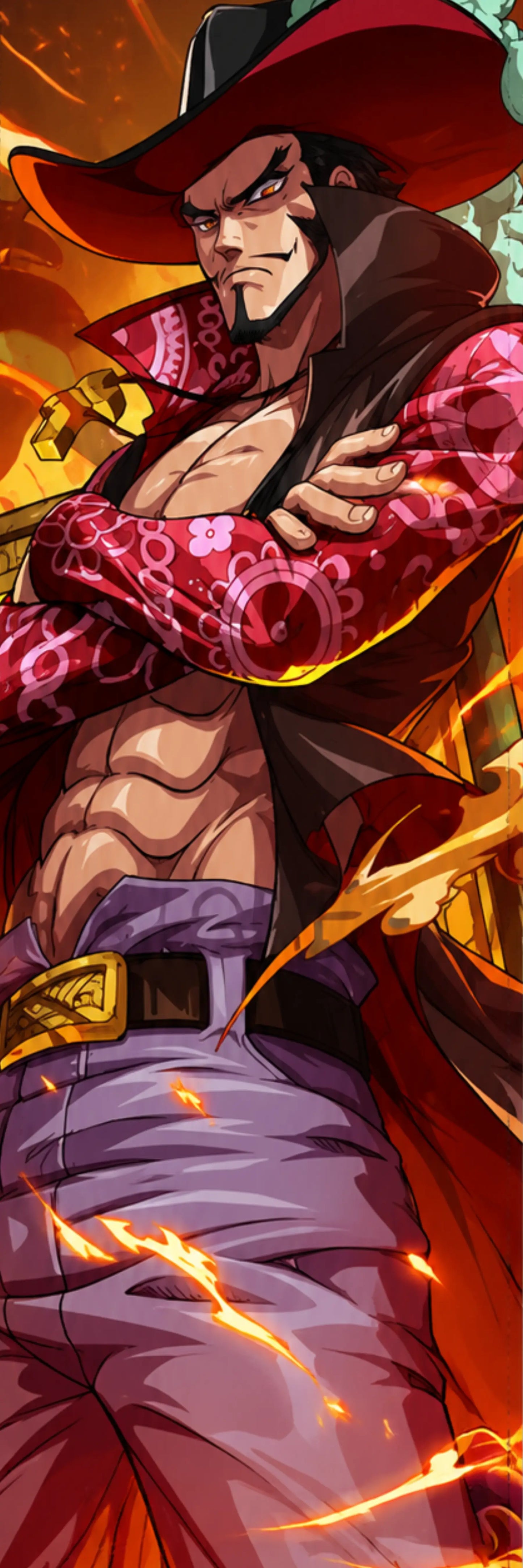 One Piece anime artwork featuring Dracule Mihawk wearing his signature wide-brimmed hat and dark coat, with crossed arms, patterned red sleeves, and a sword against a fiery orange background.