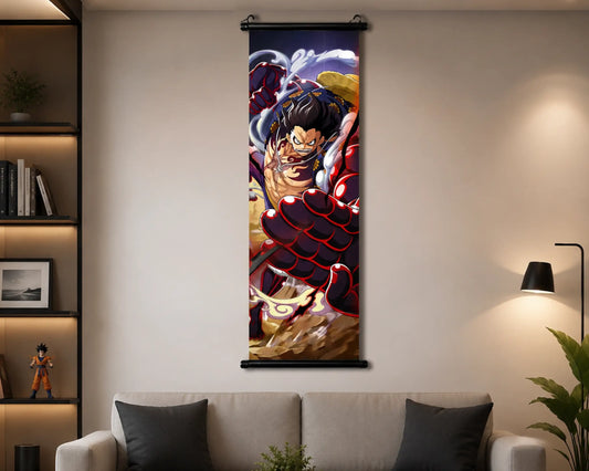 A vertical anime wall scroll poster featuring a dynamic character battle scene, hanging on a beige wall above a sofa in a modern living room setting.