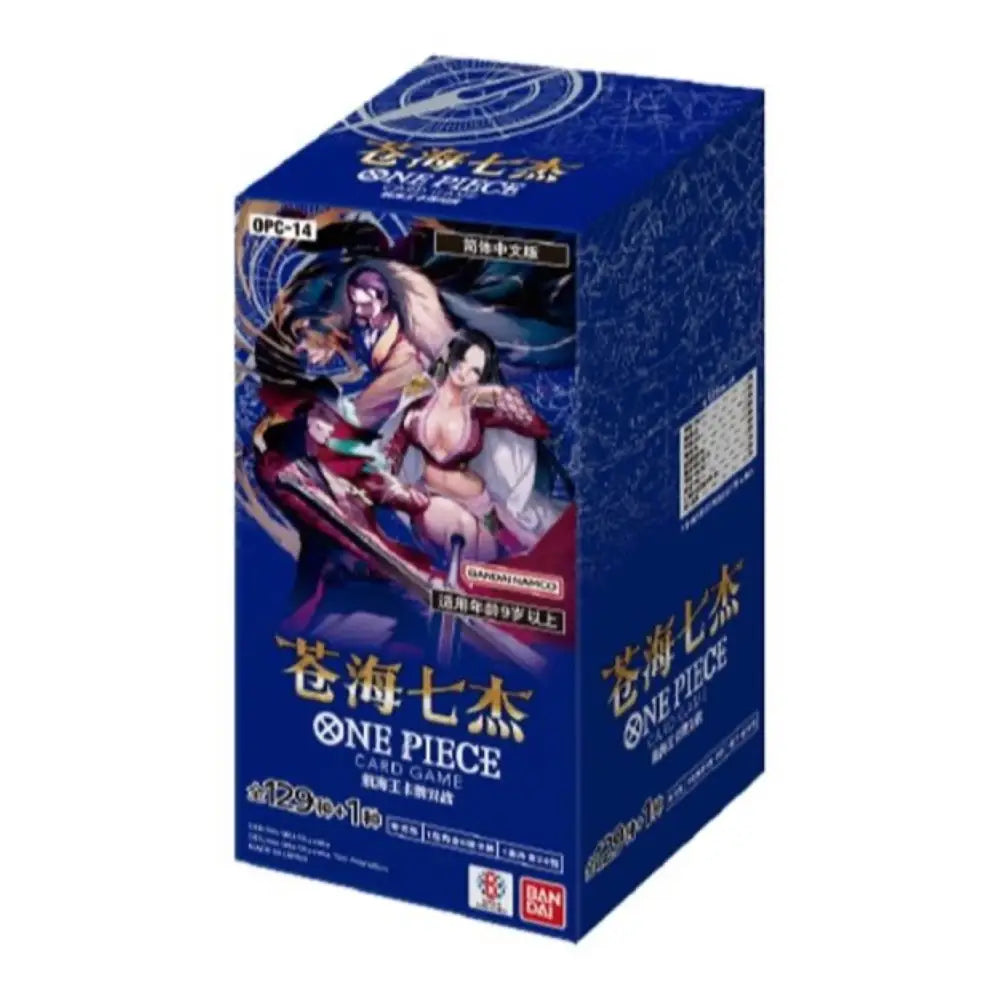 One Piece Card Game OPC-14 Super Treasure Pack box, featuring blue packaging with anime character illustrations and the One Piece and Bandai logos.