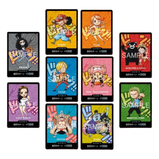 Collection of colorful trading cards featuring various characters with 'SAMPLE' text on a white background.