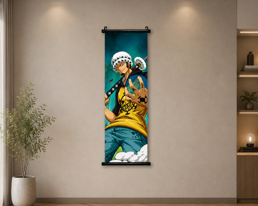 A vertical wall scroll poster featuring the anime character Trafalgar Dore Usagi from One Piece, displayed on a beige wall in a modern room setting with a potted plant and shelving.