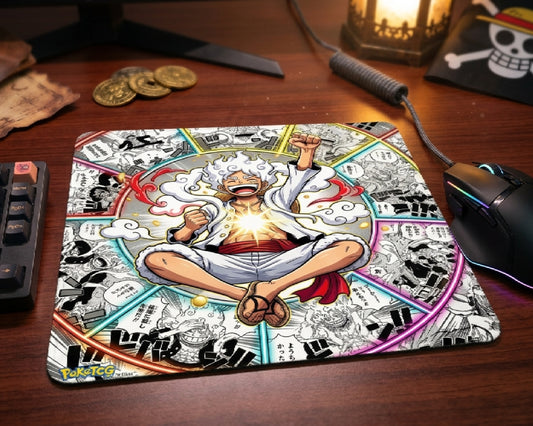 Anime gaming workspace featuring a Gear 5 Luffy manga panel mouse pad, RGB gaming mouse, pirate themed desk decor, and warm One Piece inspired aesthetic