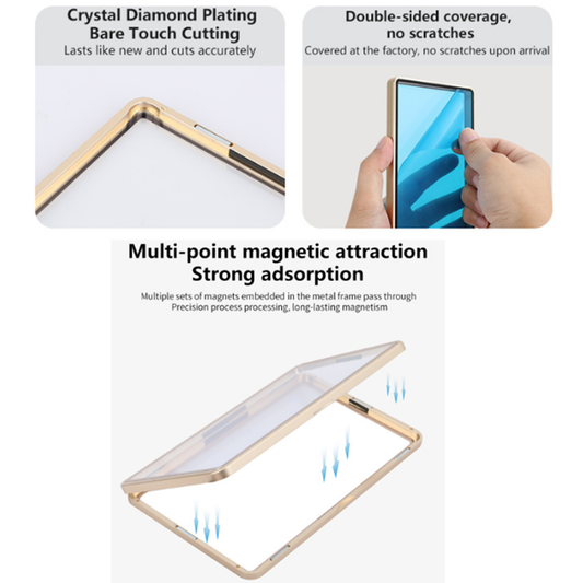 Product features including crystal diamond plating, double-sided coverage, and multi-point magnetic attraction on a white background.
