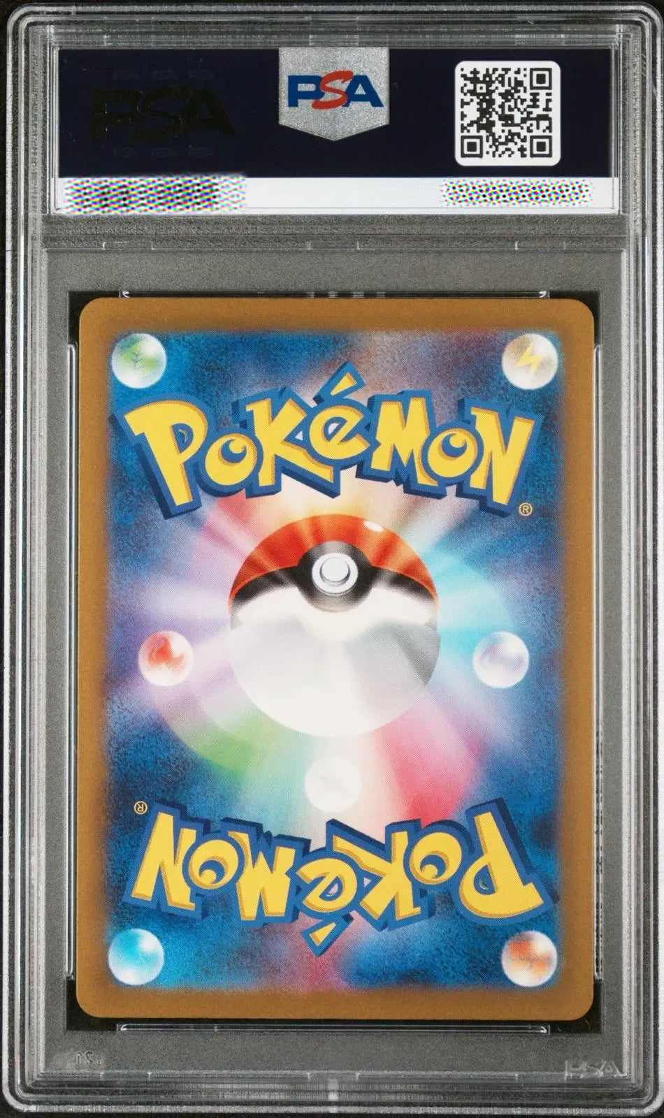 Pokémon trading card in a protective case with a PSA logo above it