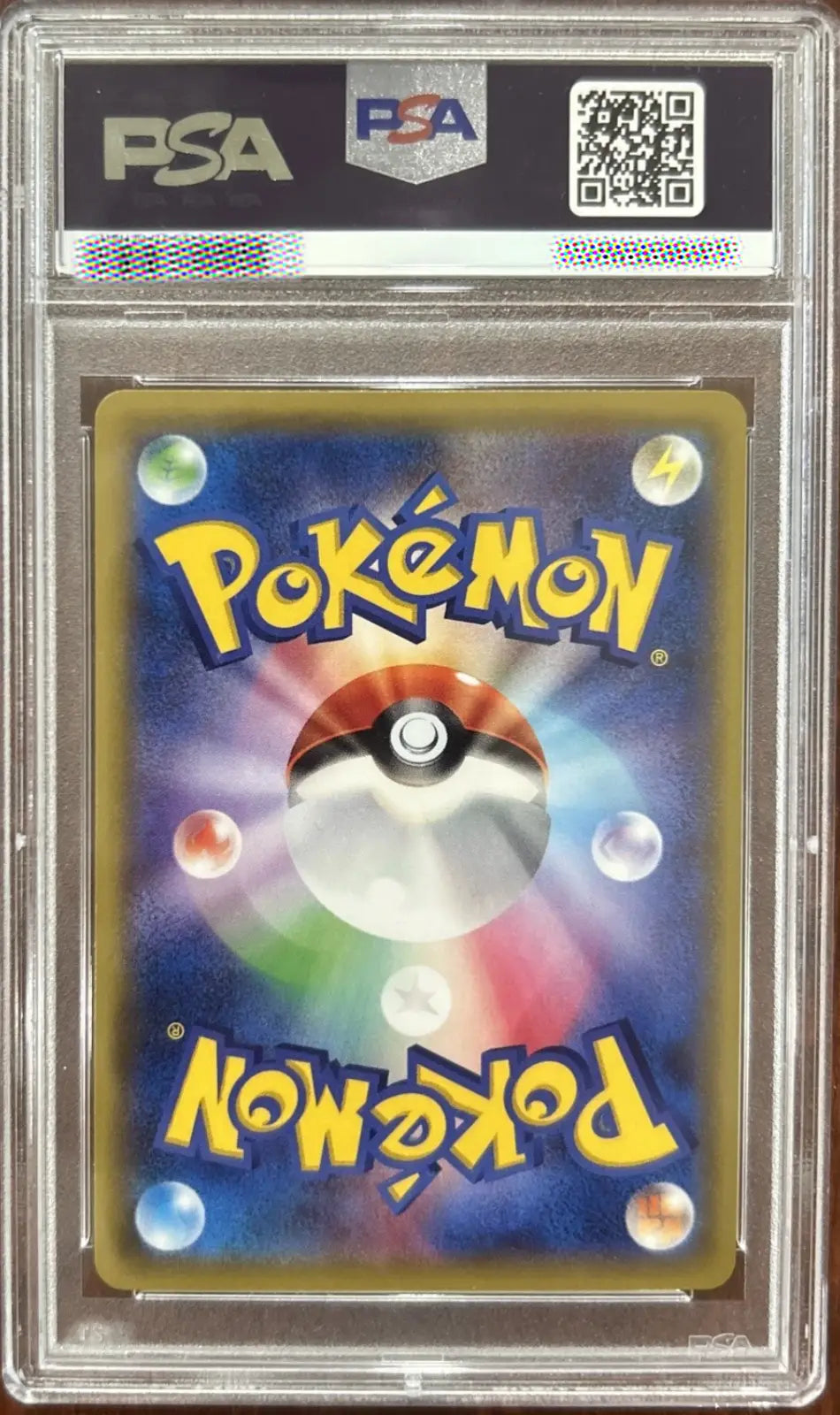 Pokémon trading card in a PSA protective case with a colorful design and Pokéball logo.