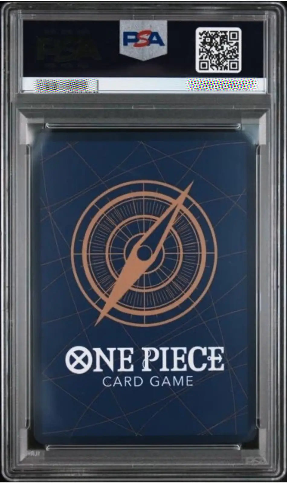 A PSA graded One Piece Card Game deck box inside a clear plastic encapsulation, with the PSA logo visible at the top.