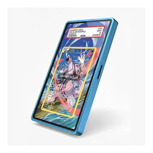 A blue protective phone case shown at an angle on a light gray background, with a sample Pokémon trading card partially inserted into the screen area.
