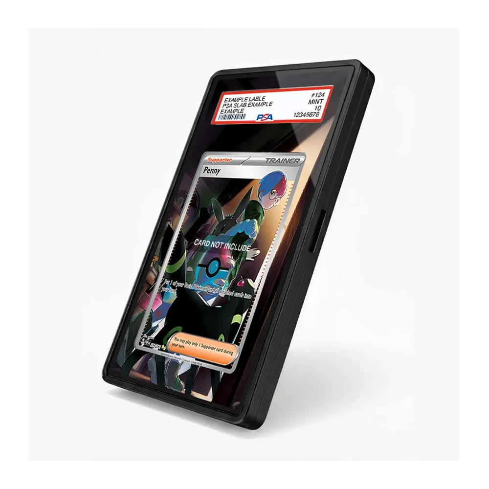 A black protective display case holding a collectible card, shown at an angle on a light gray background. The card features colorful anime-style artwork and a PSA grading label at the top.