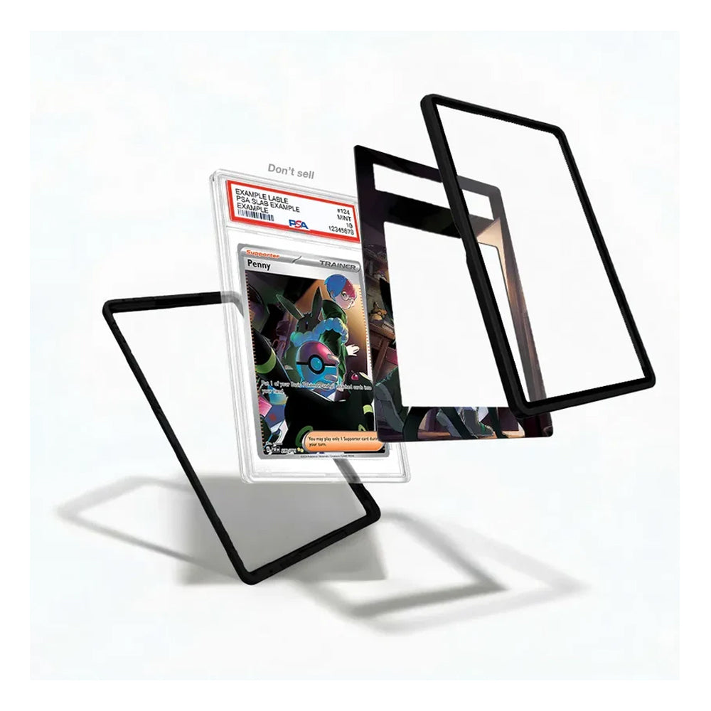 Three clear protective card sleeves with black borders are displayed in a floating arrangement around a graded Pokémon TCG card inside a clear holder, on a clean white background.