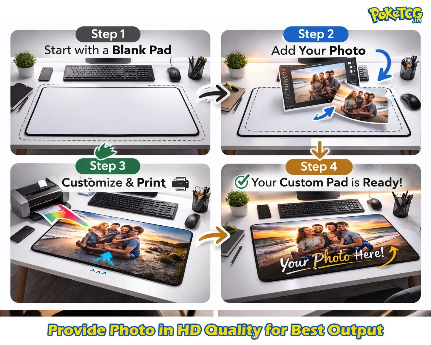Step-by-step guide on how to create a personalized desk pad with a photo, featuring a computer setup and printing process.