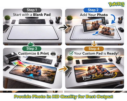 Step-by-step guide on how to create a personalized desk pad with a photo, featuring a computer setup and printing process.