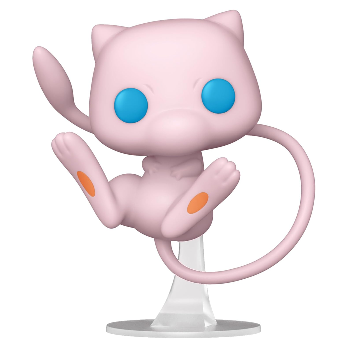 Pink cat-like figurine with blue eyes and orange spots on a white background