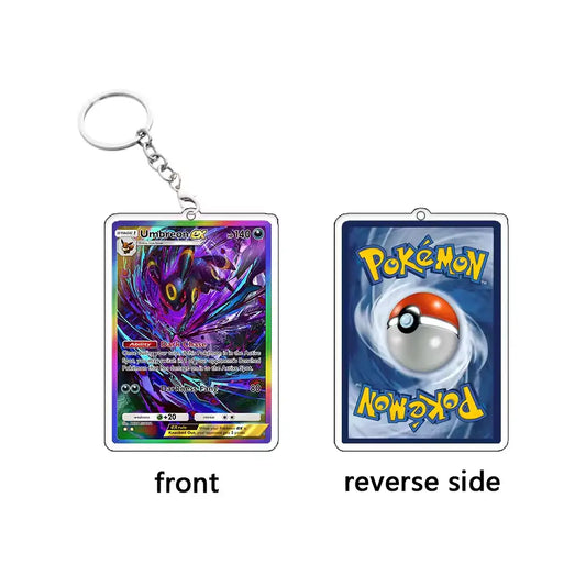 A Pokémon-themed acrylic keychain shown from both sides on a plain white background. The front side displays a colorful holographic Unintended Presence card design with a key ring attached at the top.