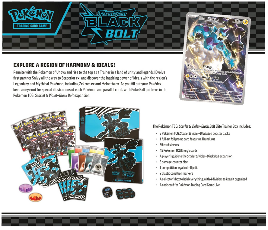 Pokémon Black & Bolt trading card game packaging with cards and accessories on a checkered background.