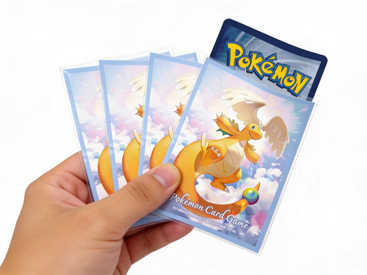 Official Pokémon Center Japan card sleeves featuring an artistic Mega Dragonite illustration with intricate gold and blue detailing, designed for standard-sized TCG cards.