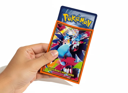 Official Pokémon Center card sleeve featuring Mega Charizard X in a fierce battle pose with blue flames, designed for standard-sized trading cards like Pokémon and One Piece.