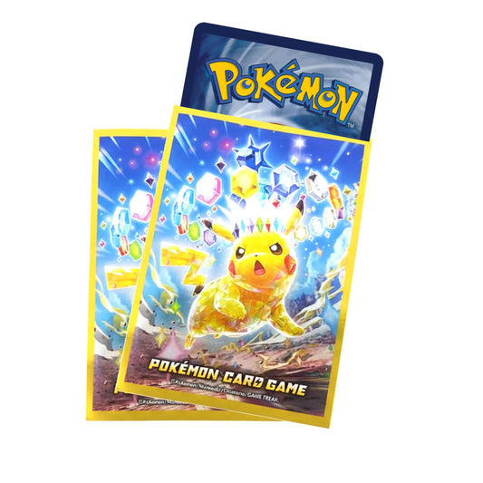Official Pokémon Center card sleeves featuring Stellar Pikachu in its Terastal form, showcasing a premium high-gloss reflective finish.