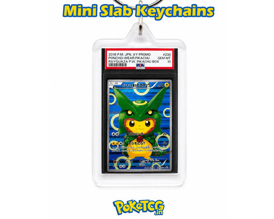 A collectible Pokémon TCG mini slab keychain featuring a graded Pokémon Wear Prichu card inside a clear plastic holder with a hanging loop, shown on a white background with 'Mini Slab Keychains' text at the top and the Pokémon logo at the bottom.