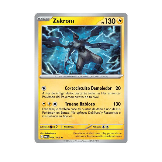 A single Pokémon trading card featuring Zekrom, shown against a plain white background. The card has a silver border, a blue and black illustration of Zekrom with lightning, and yellow text boxes with Spanish game text.