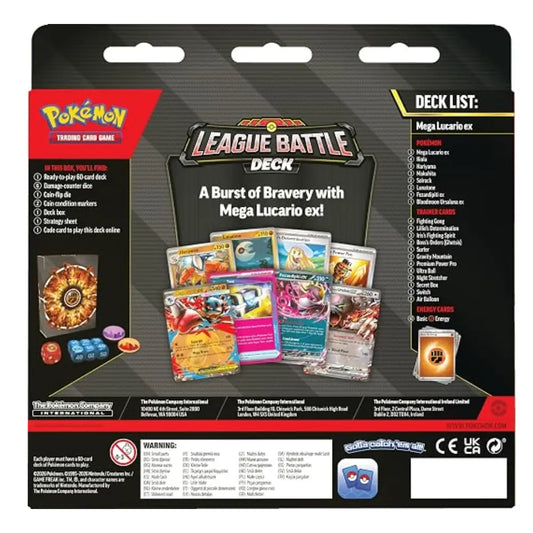 Pokémon Trading Card Game League Battle Deck package back, featuring Mega Lucario ex, with card list text and sample card artwork on a black card-hanger backing.
