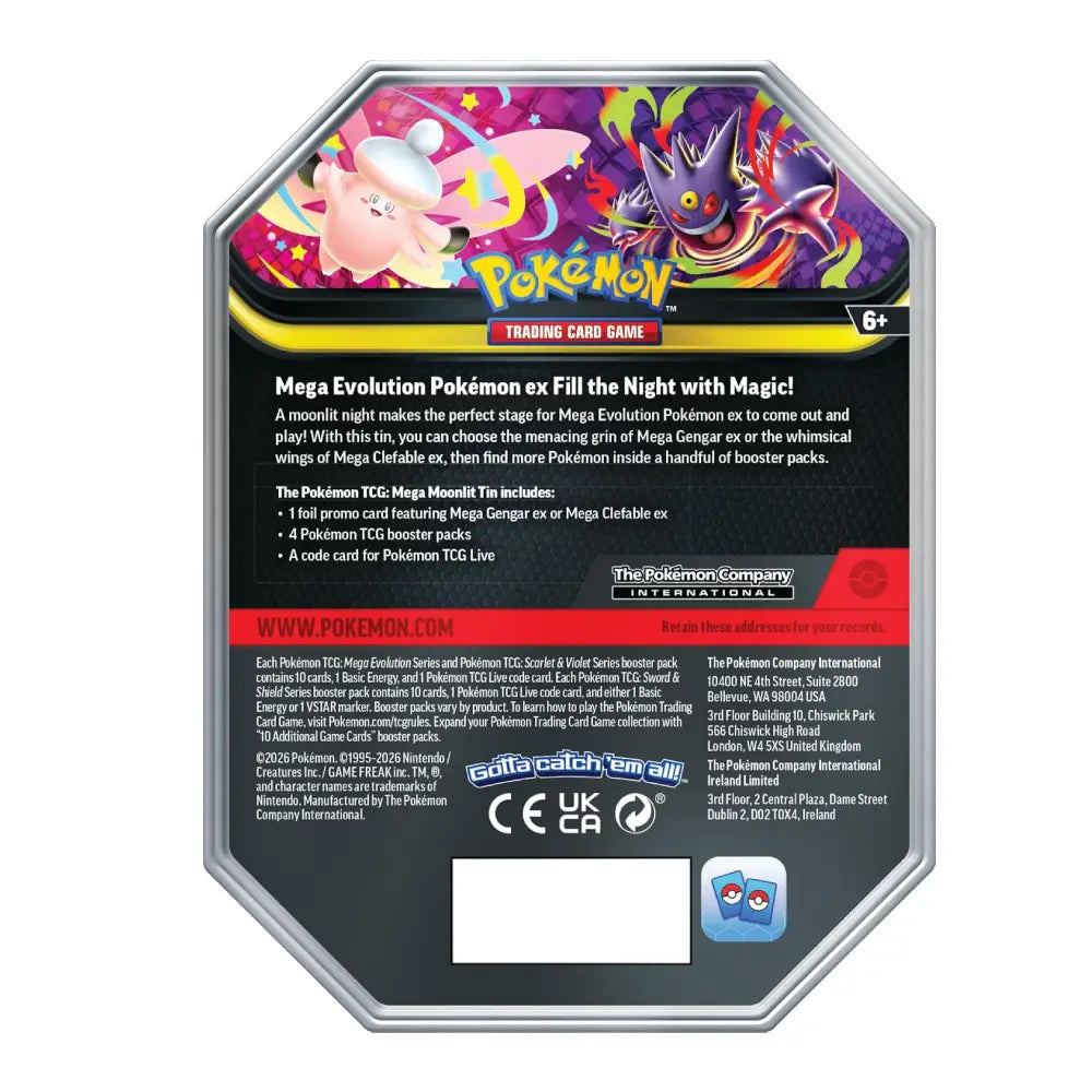 Pokémon Mega Evolution ex Fill the Night with Magic! trading card game box back, featuring colorful character artwork and product details on a white background.