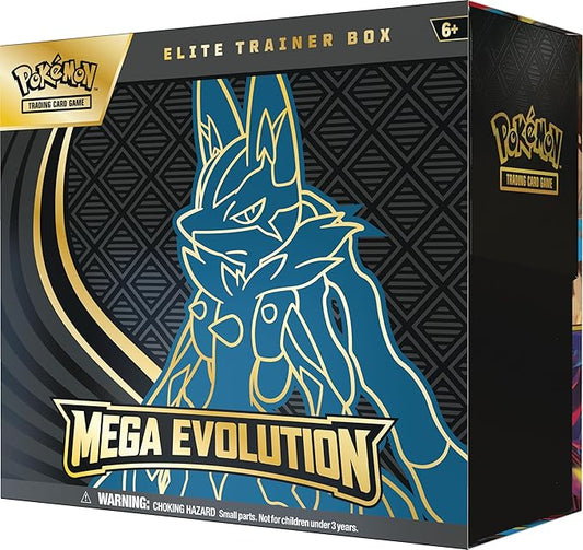 Pokémon Trading Card Game Elite Trainer Box with Mega Evolution design on a black background
