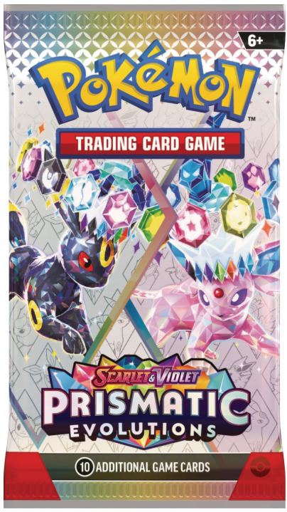 Pokémon Trading Card Game Prismatic Evolutions pack with colorful designs and text.
