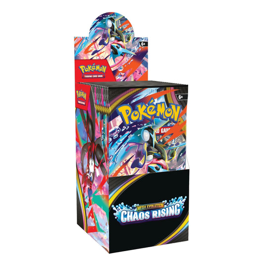 A Pokémon Trading Card Game display box for the Chaos Rising 2024 100 Card Booster Pack, featuring vibrant multicolor artwork of Eevee and a black lower section with the 'Chaos Rising' logo.