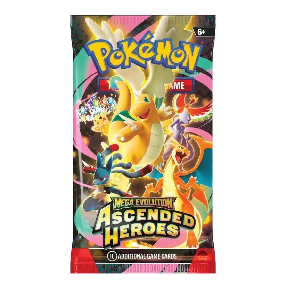 A Pokémon Mega Evolution Ascended Heroes booster pack featuring colorful artwork of various Pokémon characters on the front, with the Pokémon logo at the top and product text indicating 10 additional game cards.