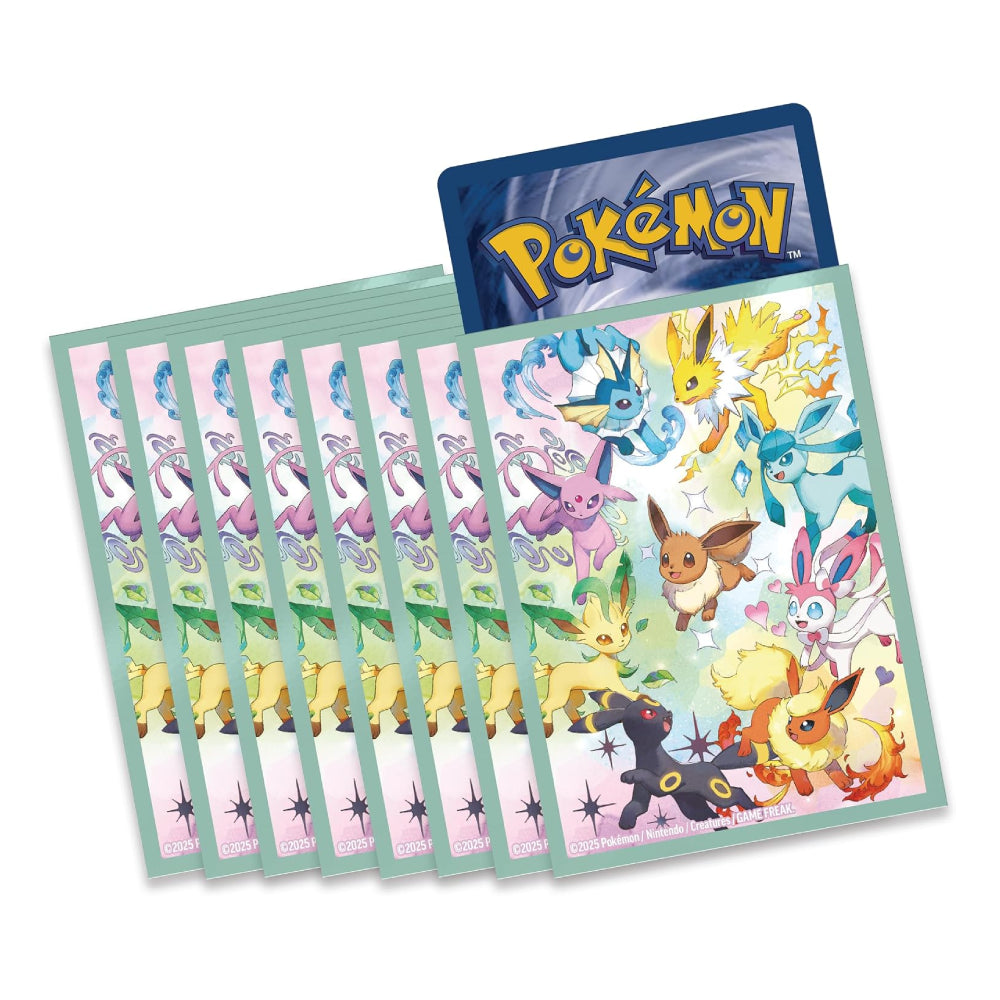 A set of Pokémon card sleeves with a blue Pokémon logo header and a colorful illustration of various Eevee evolutionary forms on the front, shown on a white background.