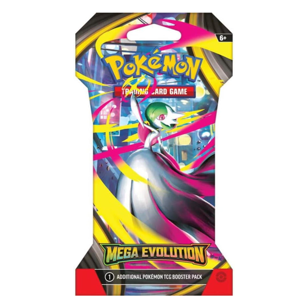 A package of Pokémon Mega-Évolution booster cards, featuring colorful artwork of a Pokémon on the front with the Pokémon and Mega-Évolution branding.