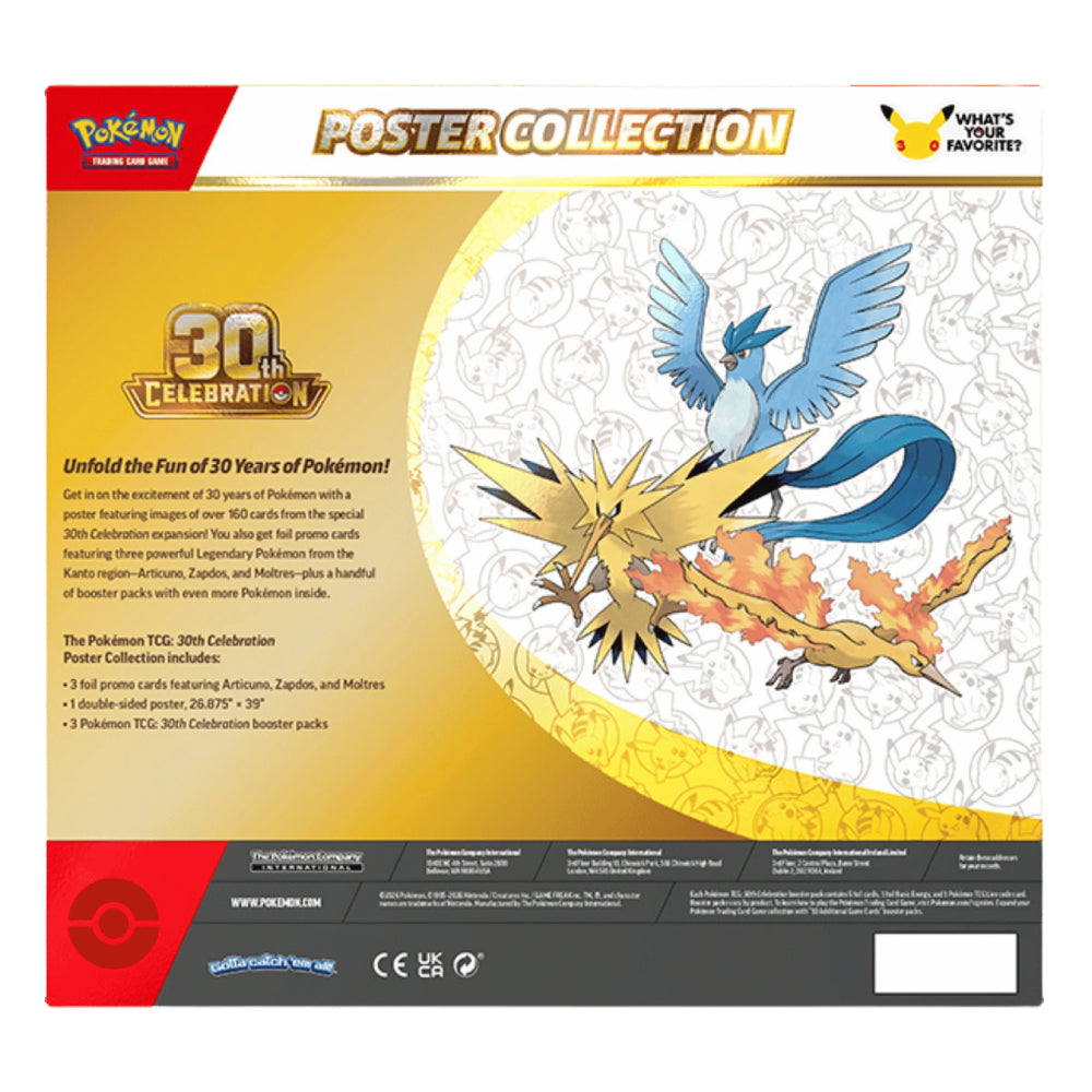 Pokémon TCG 30th Celebration Poster Collection package front, featuring artwork of Arceus, Zapdos, and Moltres on a gold and white circular design with a dark gray footer containing product details.