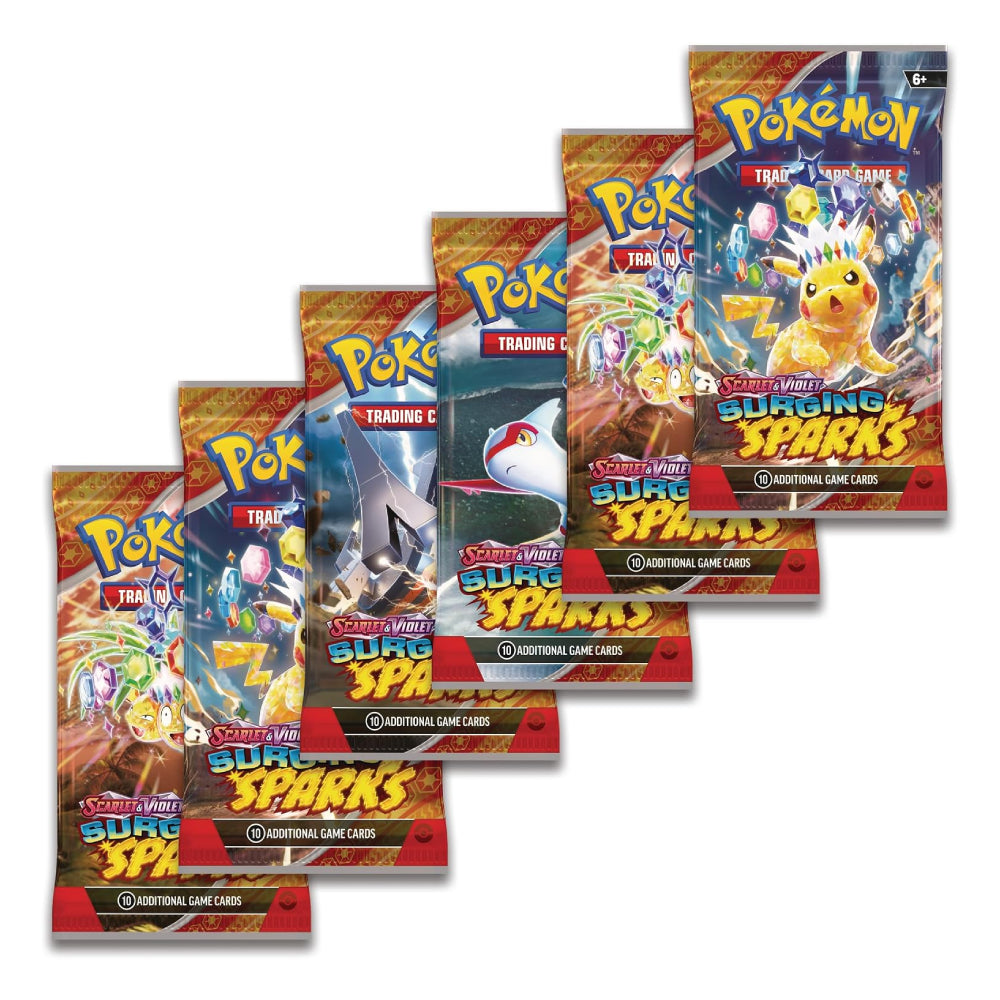 Five Pokémon Trading Card Game booster packs fanned out diagonally on a white background, featuring the Surging Sparks TCG edition with various character art illustrations.