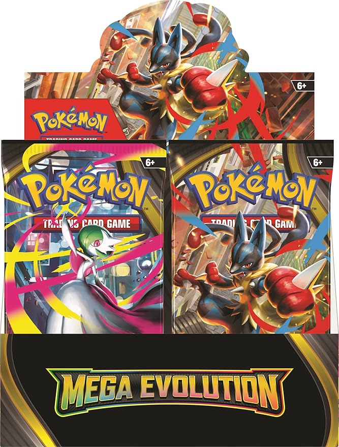 Three Pokémon trading card game packs featuring Mega Evolution theme on a white background.