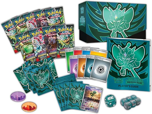Pokémon trading card game set with cards, dice, and player's guide on a white background