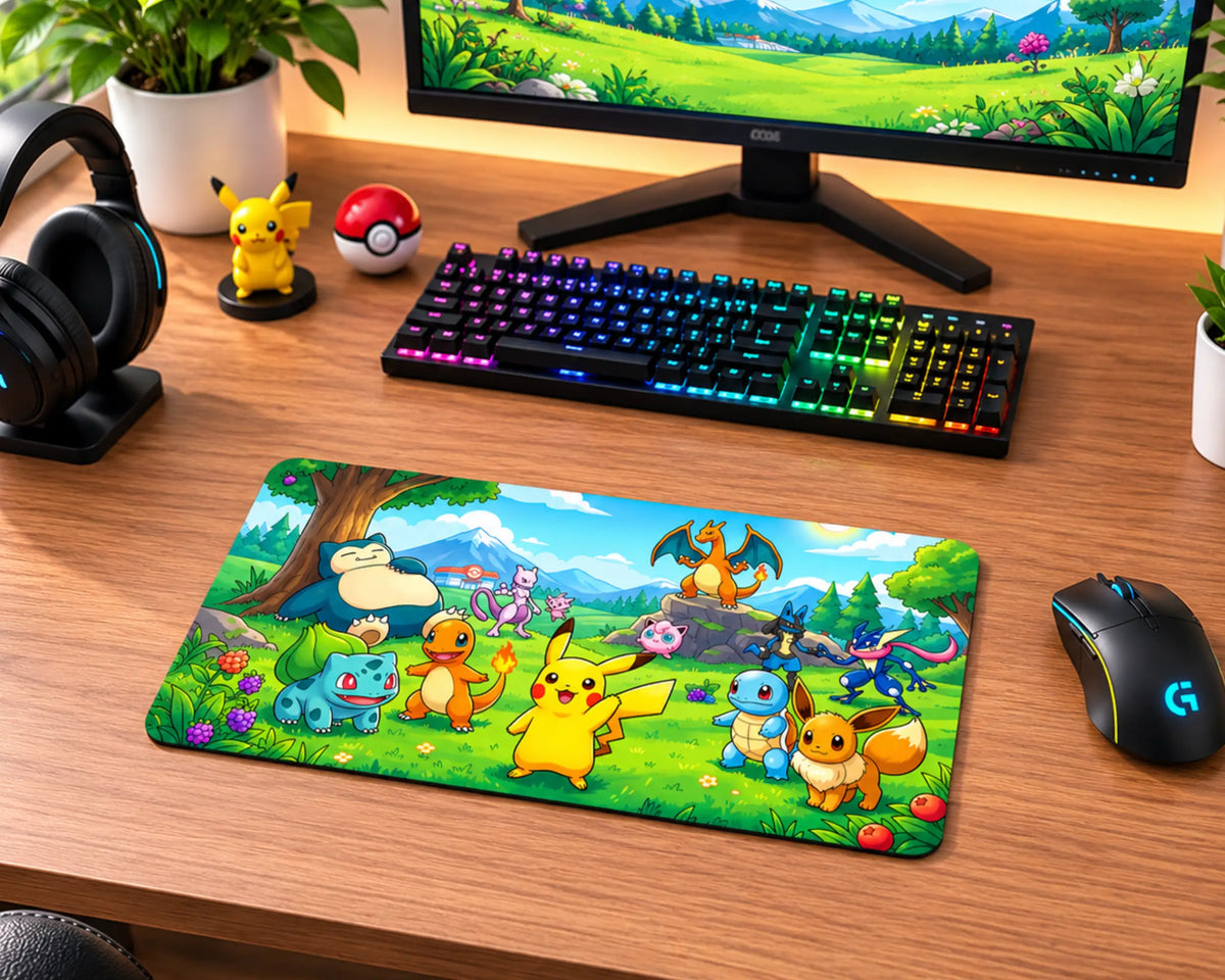Colorful Pokemon gaming mouse pad featuring Pikachu, Charizard, Snorlax, Bulbasaur, Charmander, Squirtle, Eevee, and other Pokemon characters in a sunny green meadow with mountains and flowers.