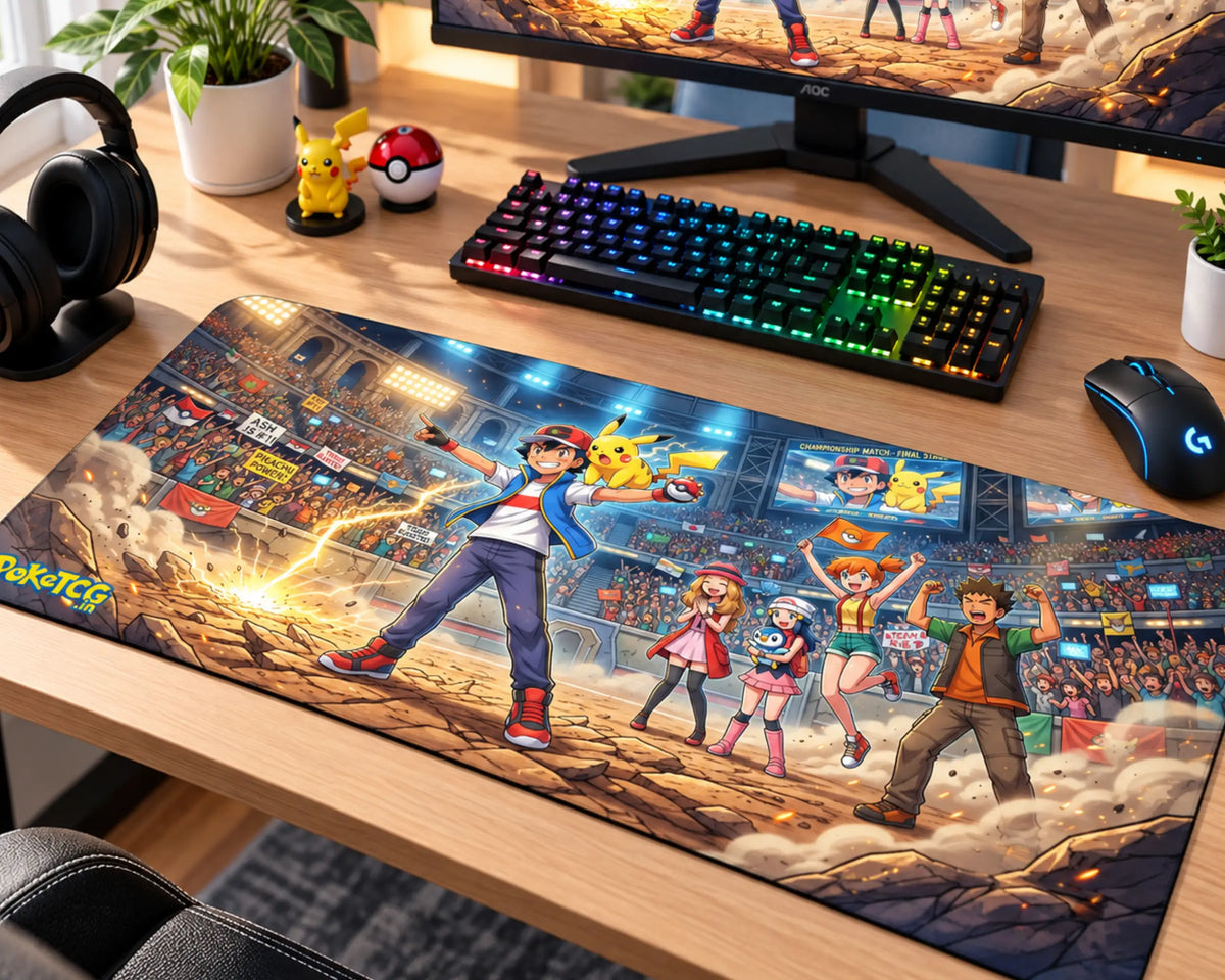 Pokemon gaming mouse pad featuring Ash Ketchum and Pikachu in a championship stadium with Misty, Brock, other trainers, cheering spectators, arena screens, and dramatic battle effects.